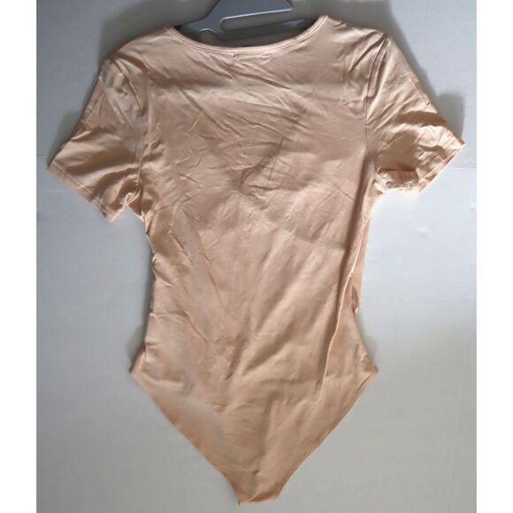 MANGOPOP Women's Sz M Peach Cross Wrap Ruched Plunge Neck Deep V S/S Bodysuit - Picture 5 of 5